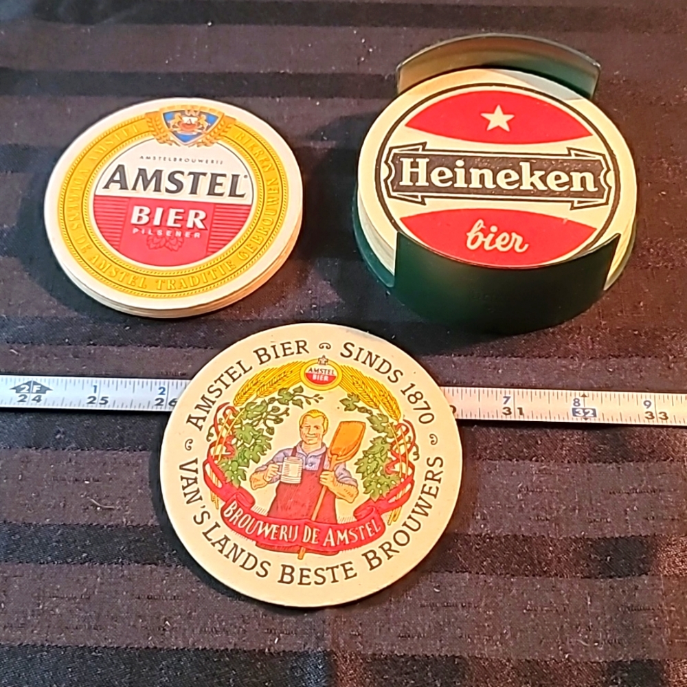 EUC vintage coasters 9 heineken 5 Amstel one Van's lands bestie brewer & holder